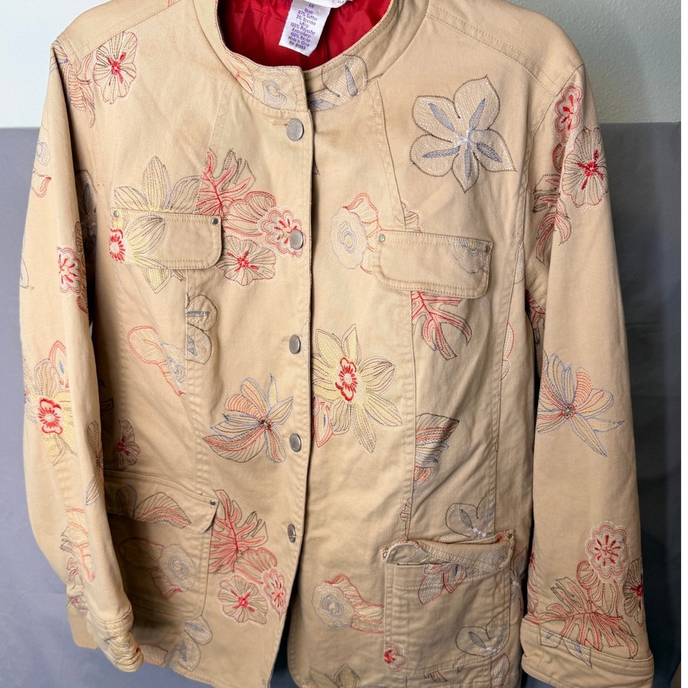 Susan Graver 1X Tan Floral Embroidered Jacket Cotton Blend Utility Plus Size - Picture 2 of 9